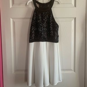 halter top black and white sequin homecoming dress